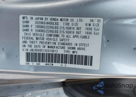 2005 Honda Cr-V Lx z USA, uszkodzony, nr VIN JHLRD68515C018613